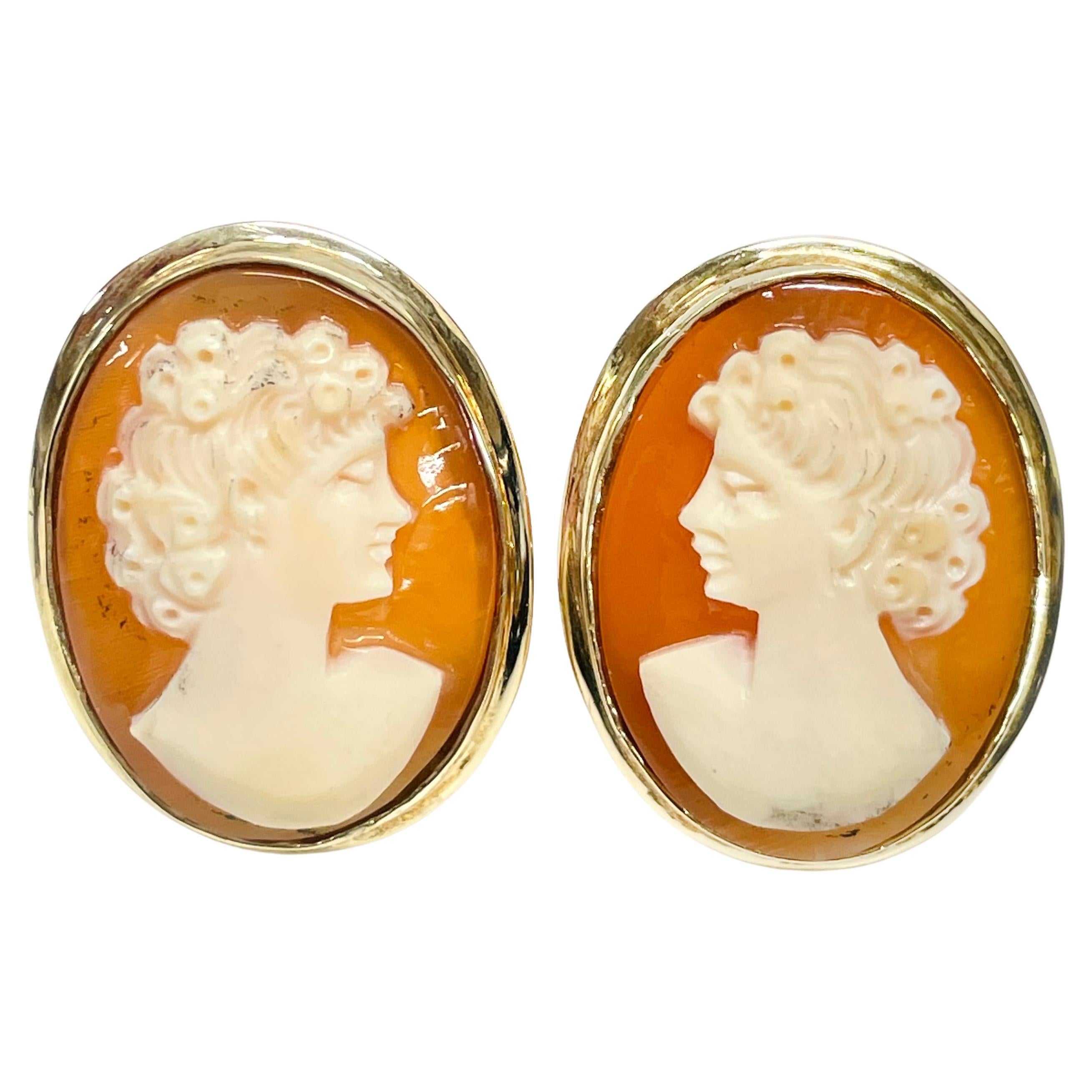 Vintage 14 Karat Shell Cameo Earrings For Sale