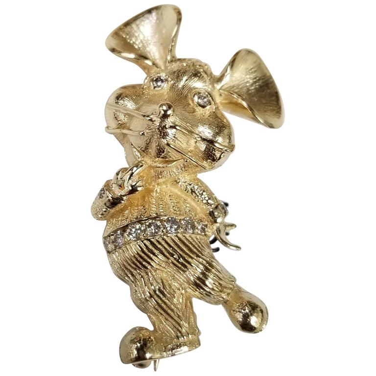 Vintage 14 Karat "Topogigio" Mouse Diamond Brooch For Sale
