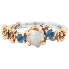 Vintage 14 Karat Two Tone Gold Rough Diamond and Aquamarine Floral Ring