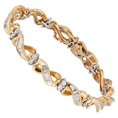 Vintage 14 Karat Two Tone Yellow Gold Infinity Link Baguette Diamond Bracelet