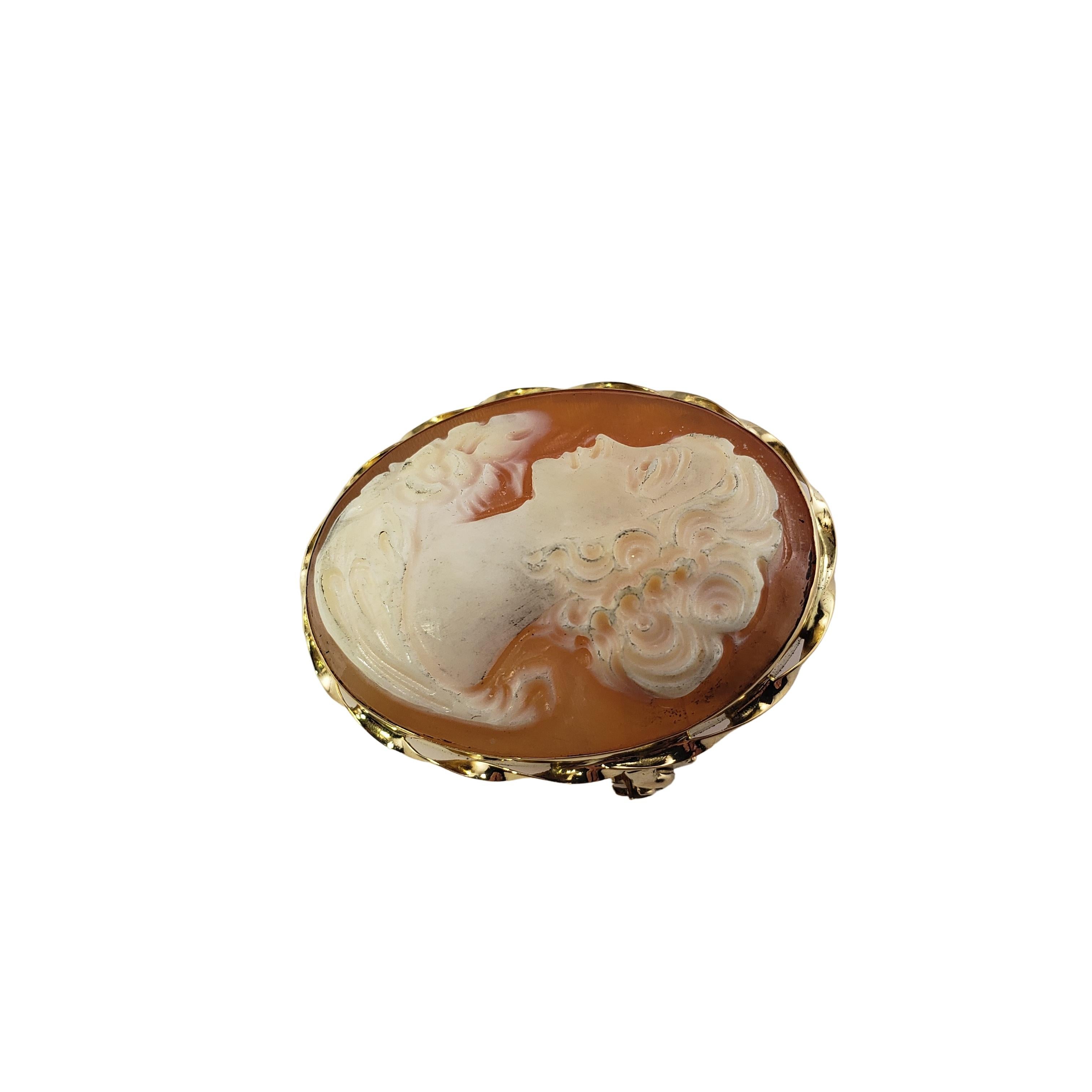 Spilla/pendente vintage in oro bianco 14 carati e diamanti a forma di cammeo.

Questo elegante cammeo presenta un'incantevole donna di profilo incastonata in una filigrana d'oro bianco 14 carati splendidamente dettagliata.  Accentuato da un diamante