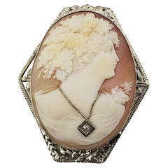 Vintage 14 Karat White Gold and Diamond Cameo Brooch/Pendant