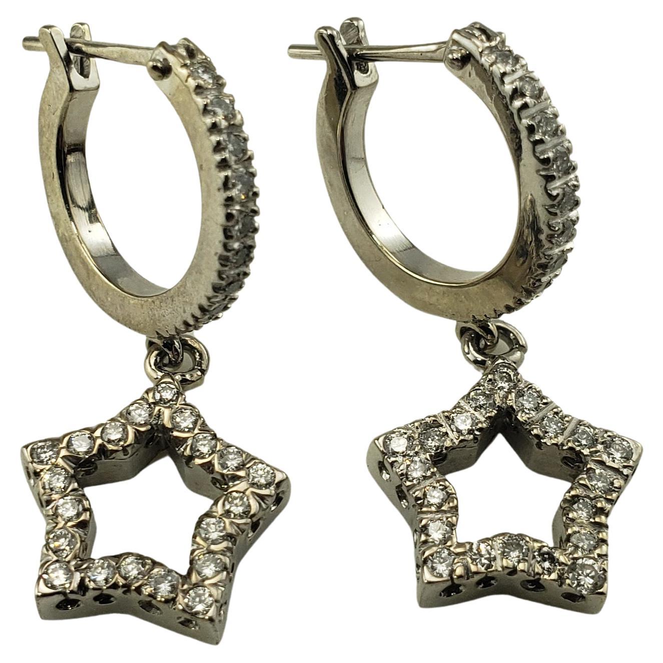 14 Karat White Gold and Diamond Hoop and Star Earrings For Sale