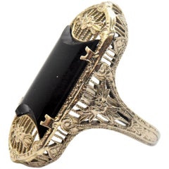 Antique 14 Karat White Gold and Onyx Long Fashion Ring