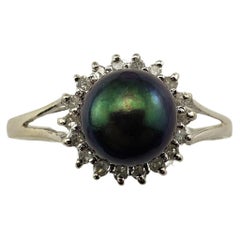 Vintage 14 Karat White Gold Black Pearl and Diamond Ring