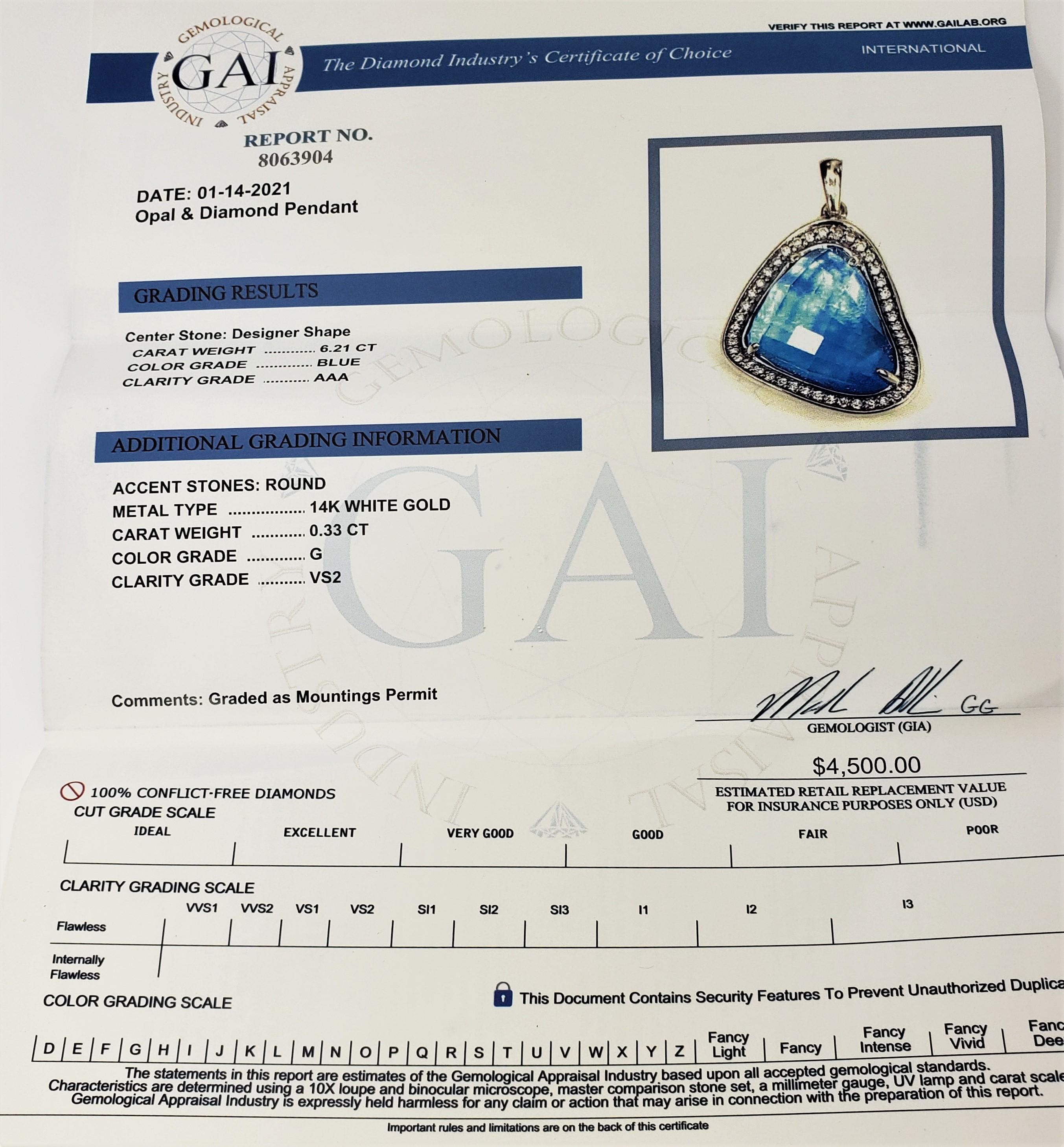 14 Karat White Gold Blue Opal and Diamond Pendant For Sale 5