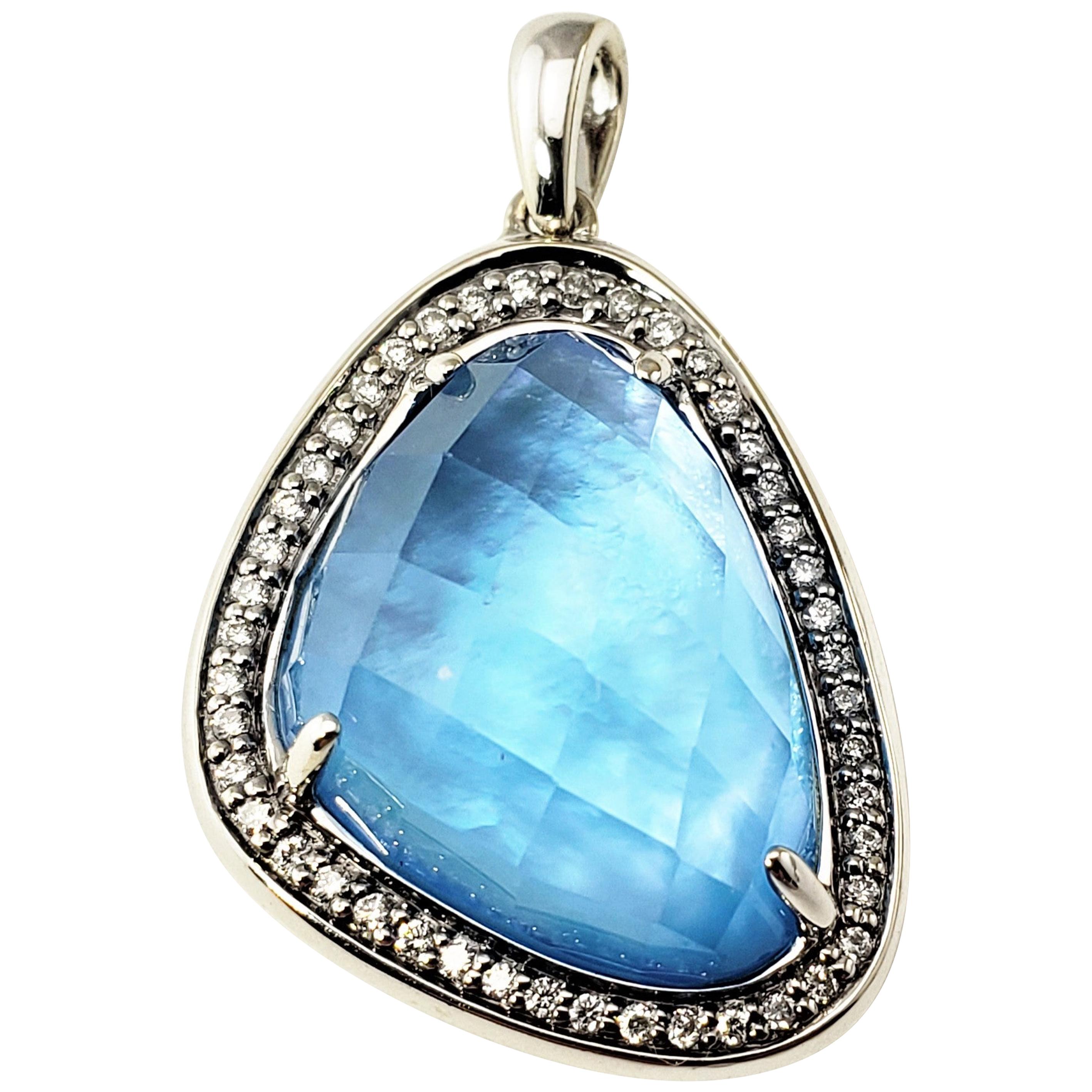 14 Karat White Gold Blue Opal and Diamond Pendant For Sale