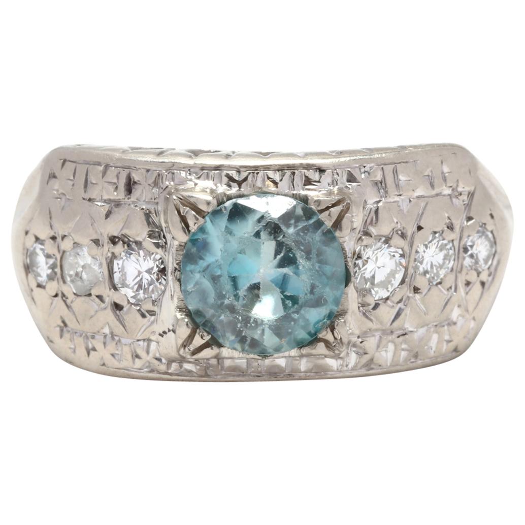 Vintage 14 Karat White Gold, Blue Zircon, Diamond Engagement Statement Ring