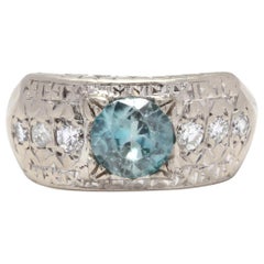 Vintage 14 Karat White Gold, Blue Zircon, Diamond Engagement Statement Ring
