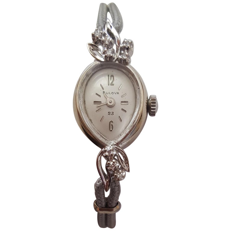 Vintage 14 Karat White Gold Bulova Ladies Watch, 23 Jewel, Diamonds