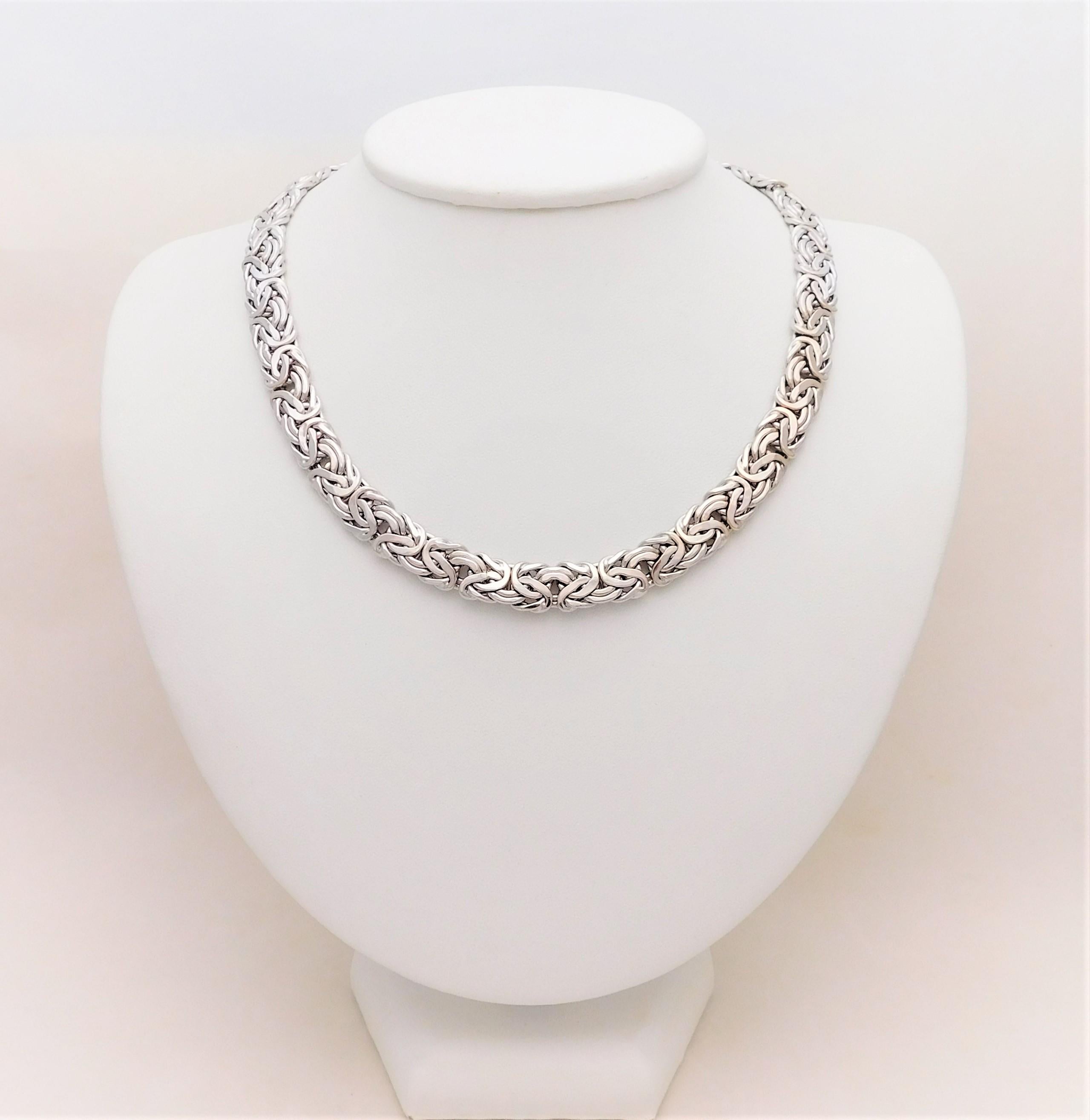 From a worldly estate.  Circa 1980.  This unique necklace has been meticulously crafted in the heart of Italy in solid 14k white gold.  The elaborate and eye-catching chain design is thousands of years old and among the first Chainmail patterns ever