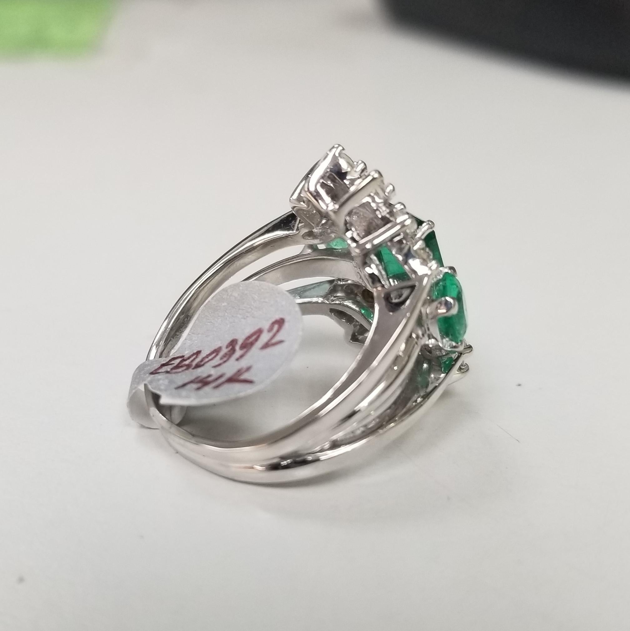Contemporary Vintage 14 Karat White Gold Colombian Emerald and Diamond Cocktail Ring