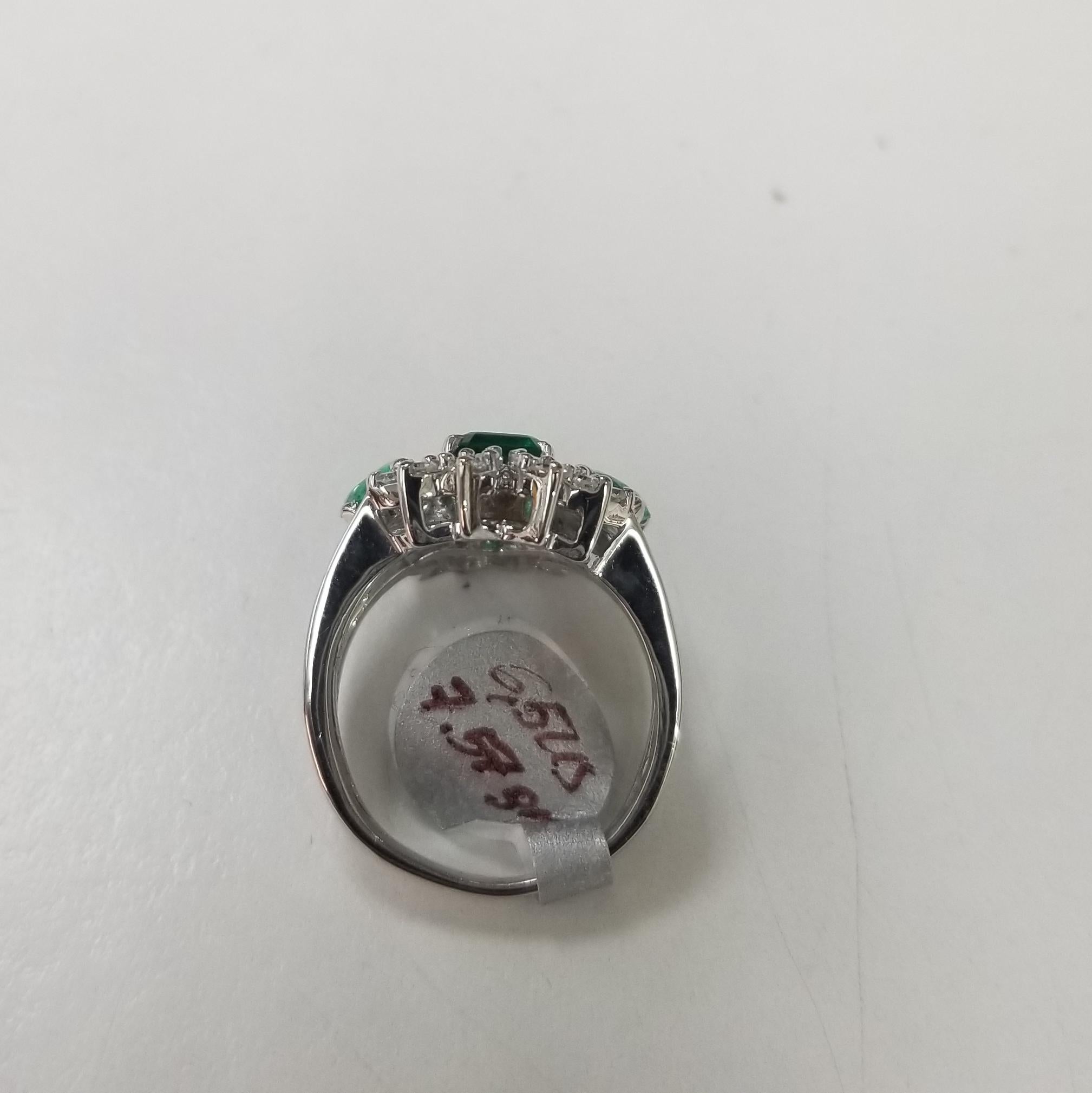 Emerald Cut Vintage 14 Karat White Gold Colombian Emerald and Diamond Cocktail Ring