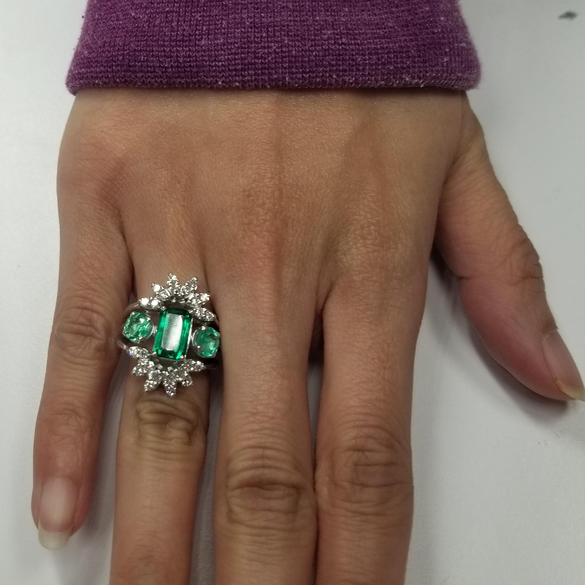 Women's or Men's Vintage 14 Karat White Gold Colombian Emerald and Diamond Cocktail Ring