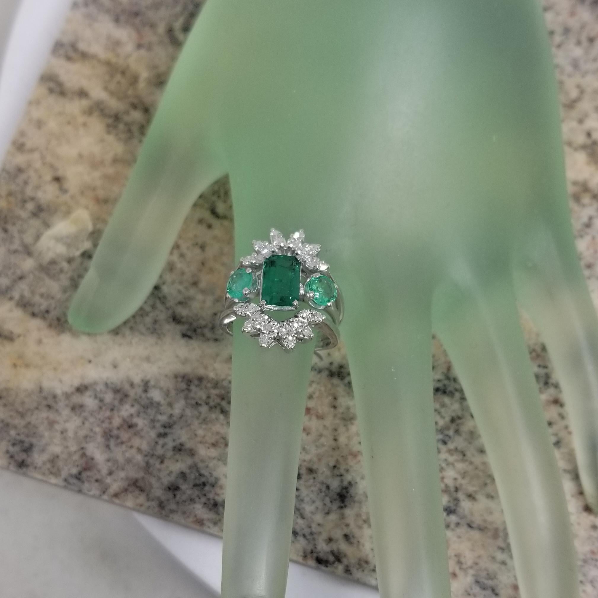 Vintage 14 Karat White Gold Colombian Emerald and Diamond Cocktail Ring 1