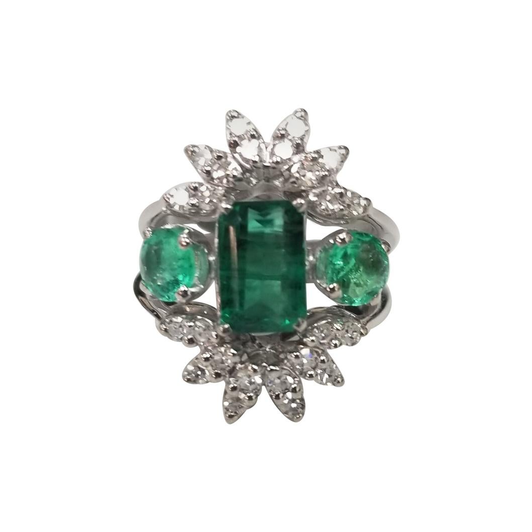 Vintage 14 Karat White Gold Colombian Emerald and Diamond Cocktail Ring
