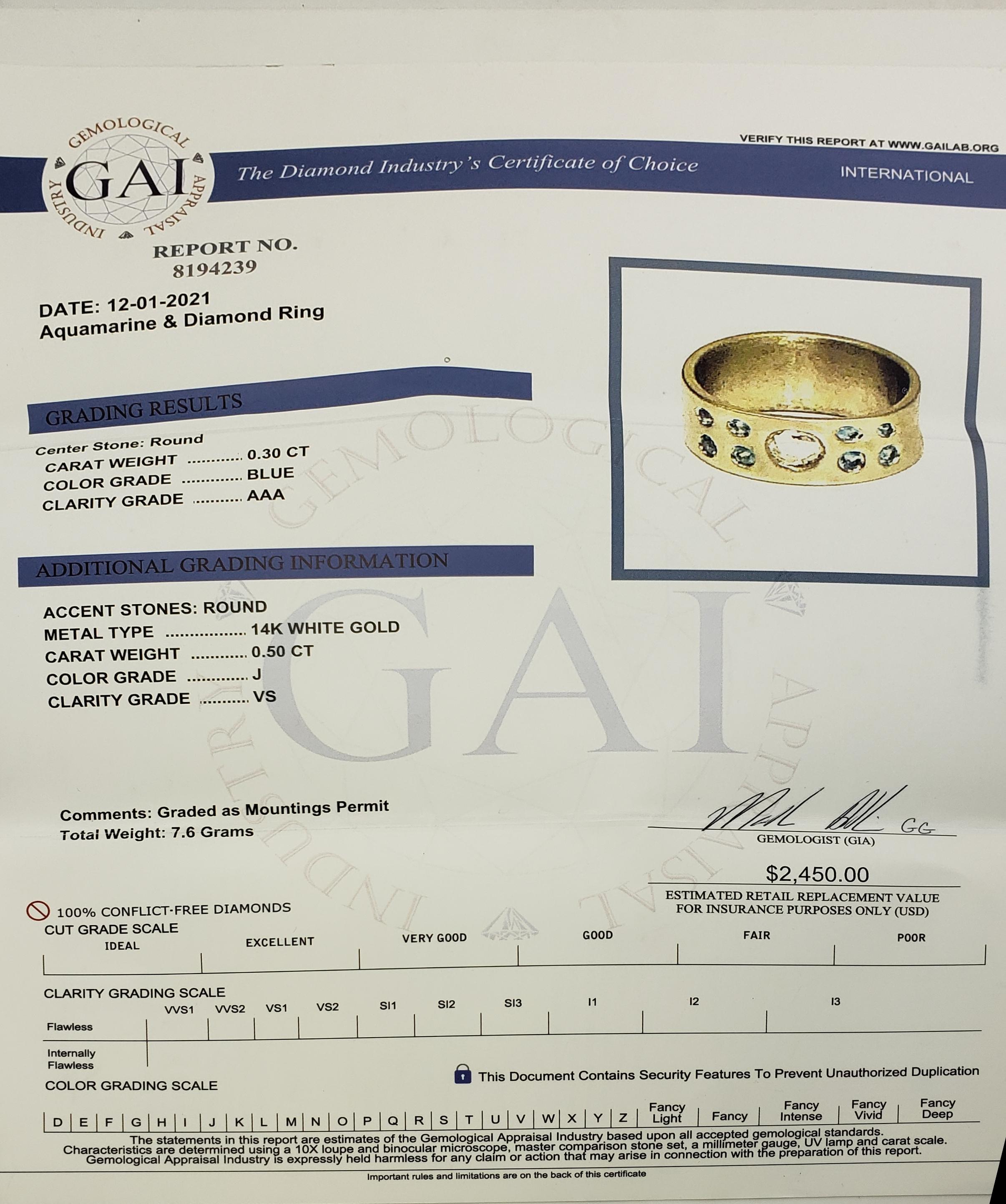 14 Karat White Gold Diamond and Aquamarine Ring For Sale 2
