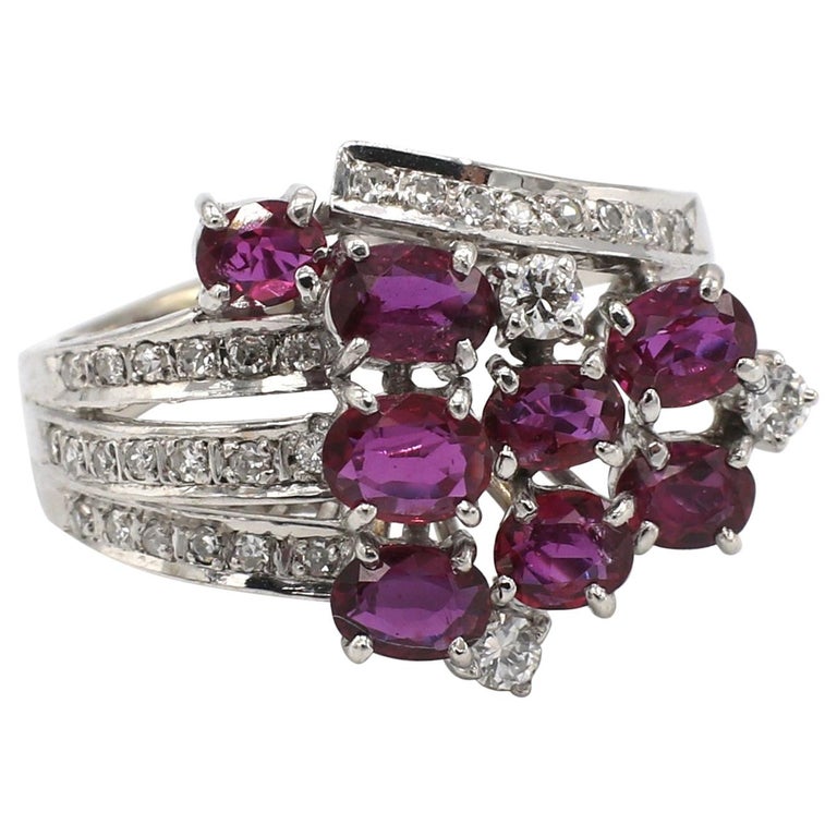 Vintage 14 Karat White Gold Diamond and Ruby Bi-Pass Cocktail Ring For ...