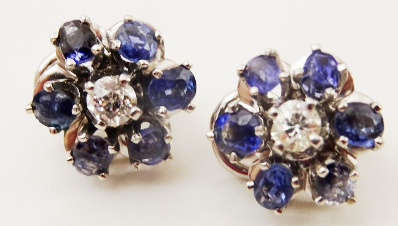 Art Deco Vintage 14 karat White Gold Diamond and Sapphire Earrings For Sale