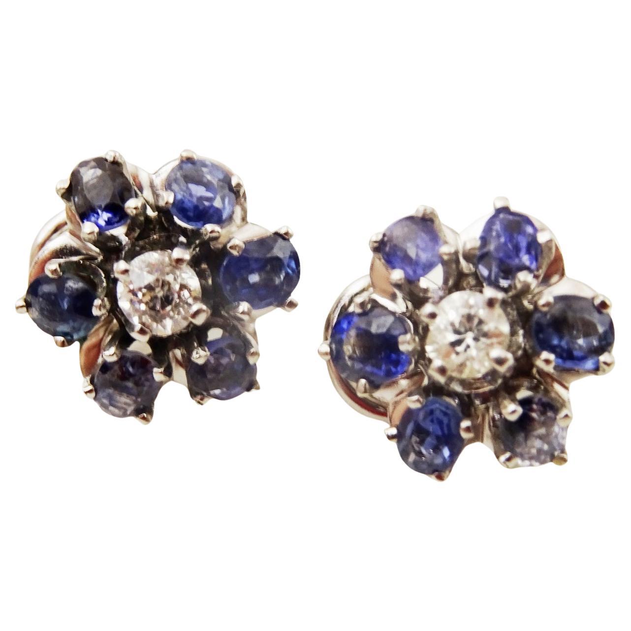 Vintage 14 karat White Gold Diamond and Sapphire Earrings For Sale