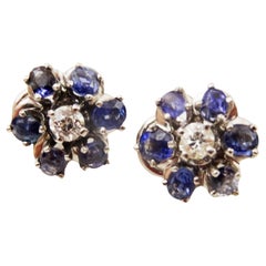 Boucles d'oreilles vintage en or blanc 14 carats, diamant et saphir