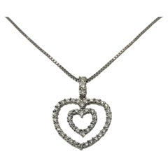 Vintage 14 Karat White Gold Diamond Double Heart Pendant Necklace