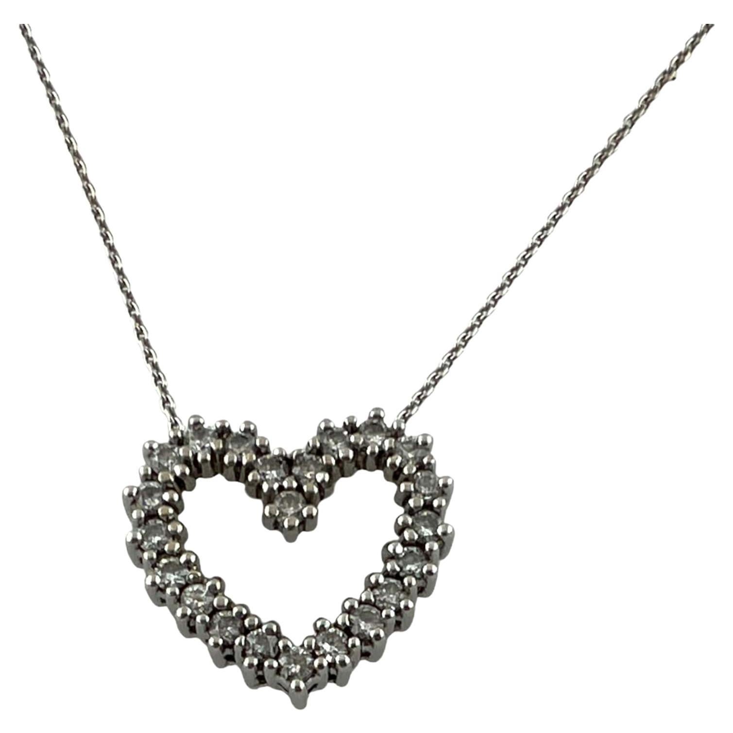 Vintage 14 Karat White Gold Diamond Heart Pendant Necklace For Sale