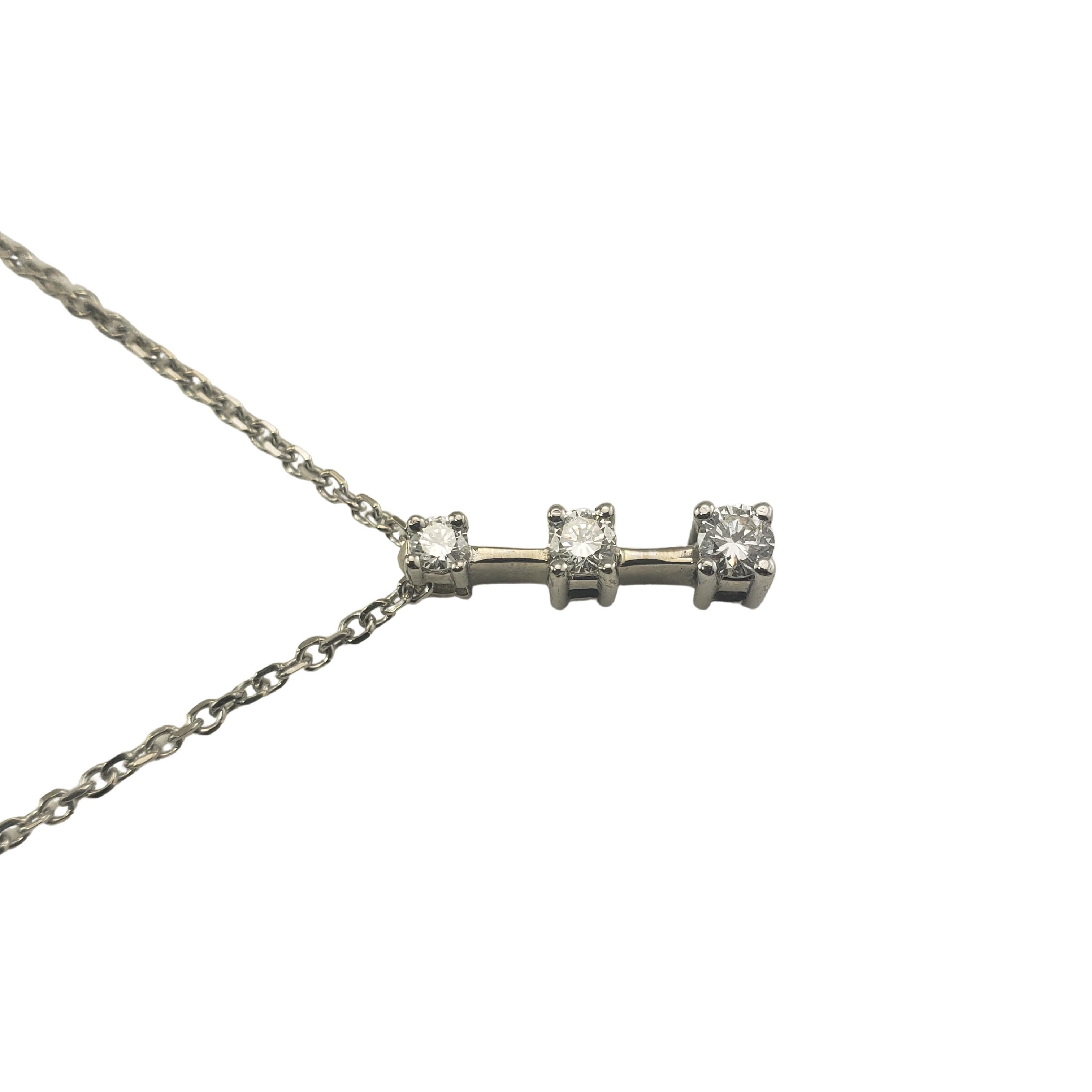 Vintage 14 Karat White Gold Diamond Pendant Necklace-

This sparkling pendant features thee round brilliant cut diamonds set in classic 14K white gold.  Suspends from a classic cable necklace.

Approximate total diamond weight:  .30 ct.

Diamond