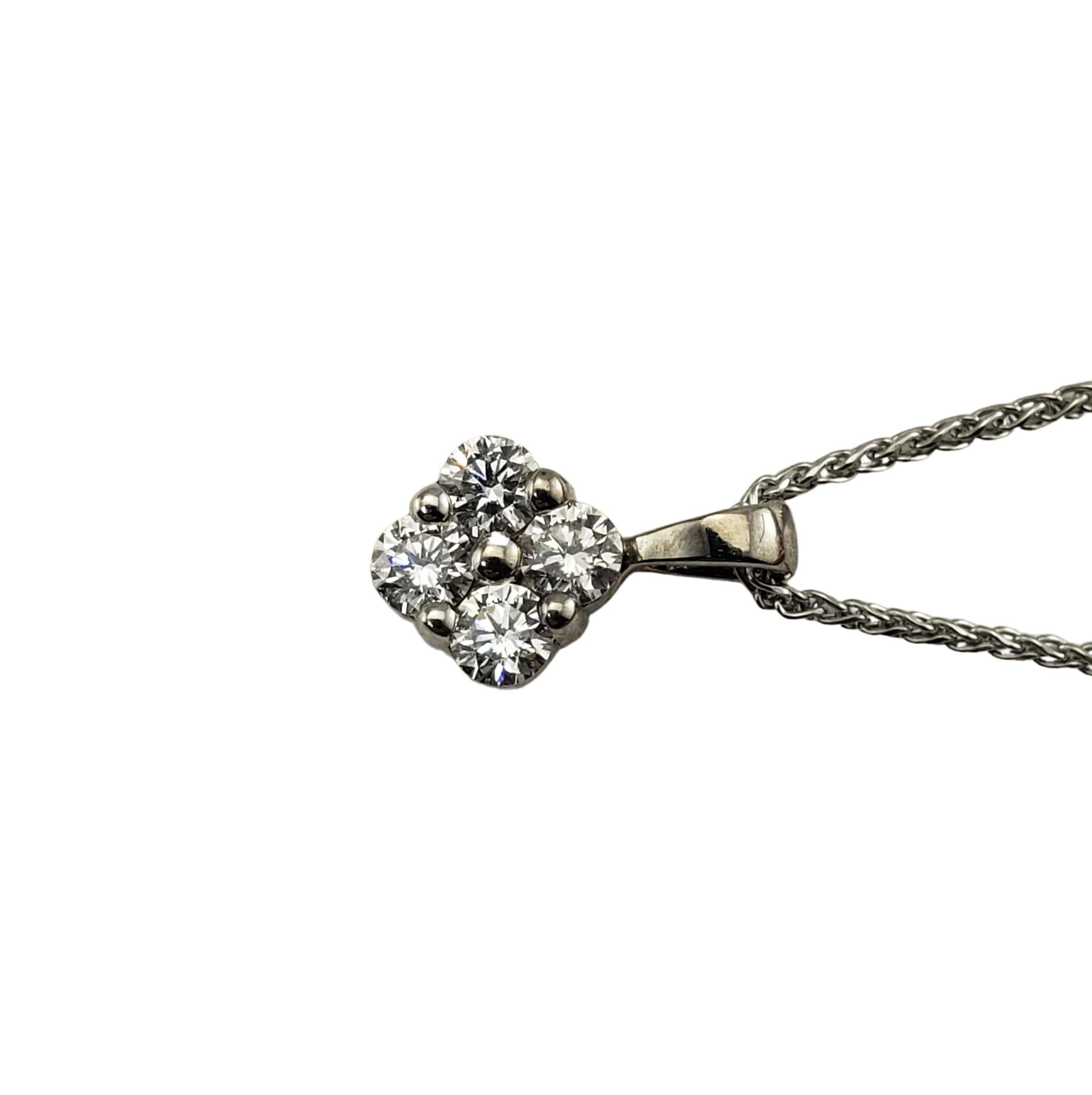 14 Karat White Gold Pendant Necklace-

This sparkling pendant necklace features four round brilliant cut diamonds set in classic 14K white gold.

Approximate total diamond weight:  .60 ct.

Diamond color: G

Diamond clarity: SI1-VS2

Size:  14 mm x