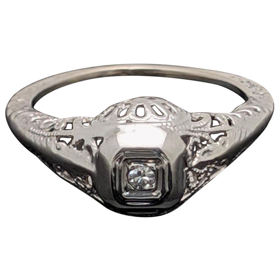 Vintage 14 Karat White Gold Diamond Ring Art Deco For Sale