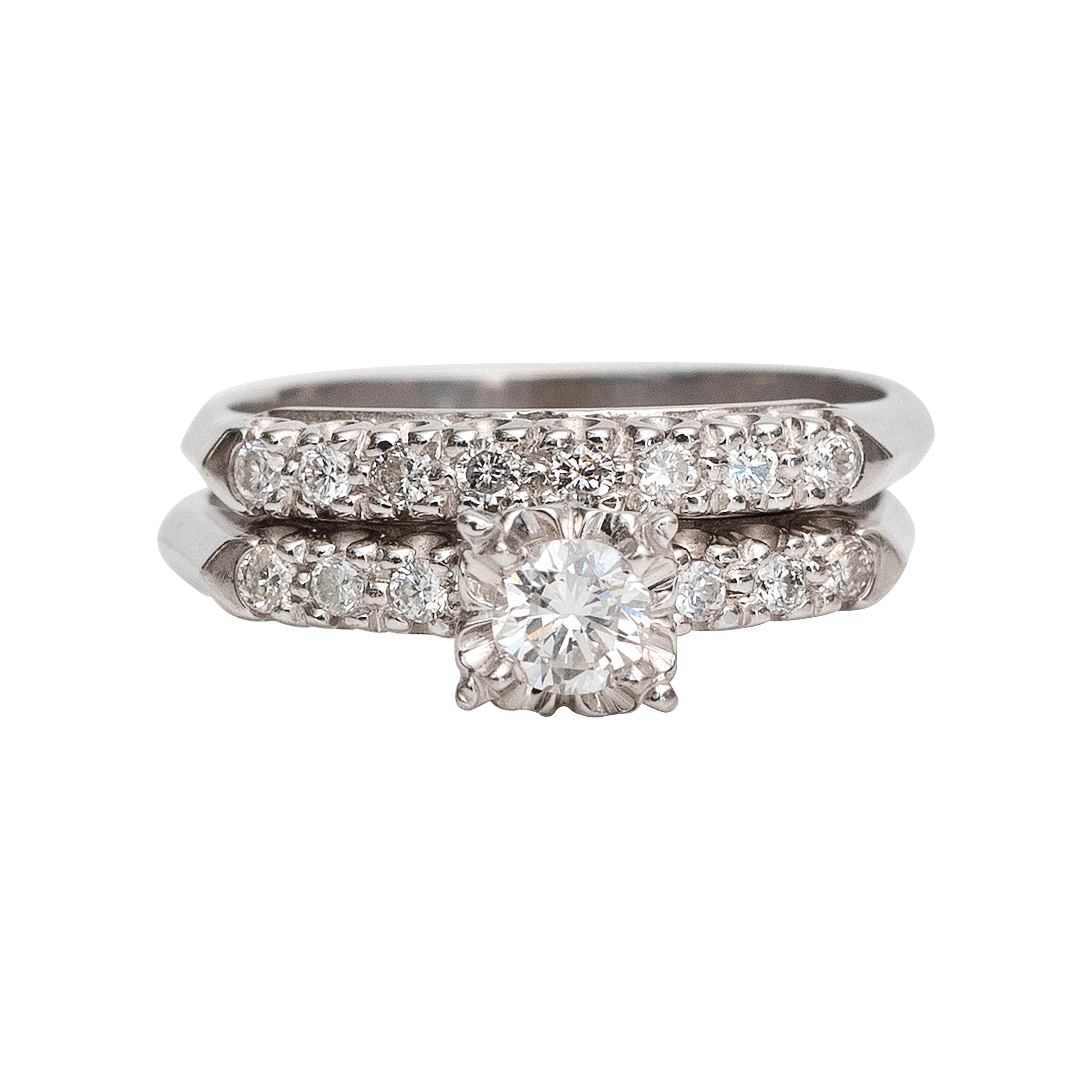 Vintage 14 Karat White Gold Diamond Wedding Set, circa 1950s