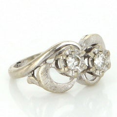 Vintage 14 Karat White Gold Double 2 Diamond Cocktail Pinky Ring Estate Jewelry