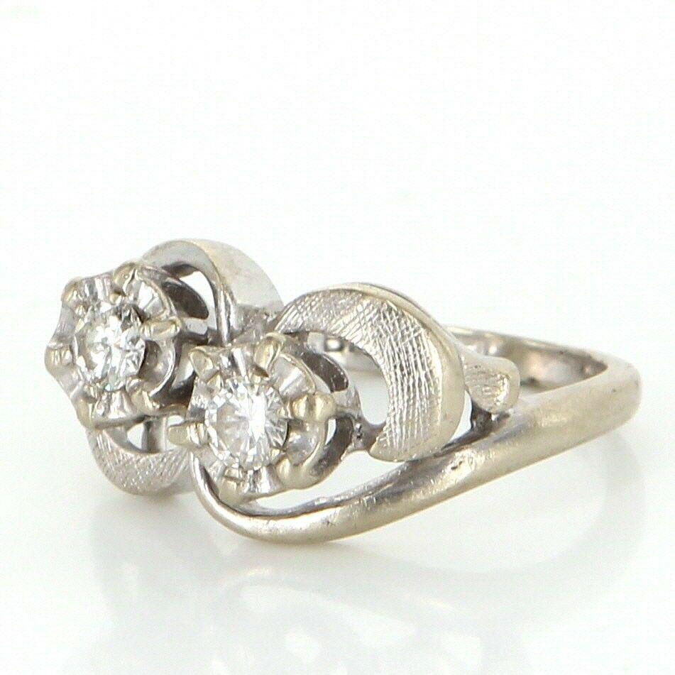 Modern Vintage 14 Karat White Gold Double 2 Diamond Cocktail Pinky Ring Estate Jewelry