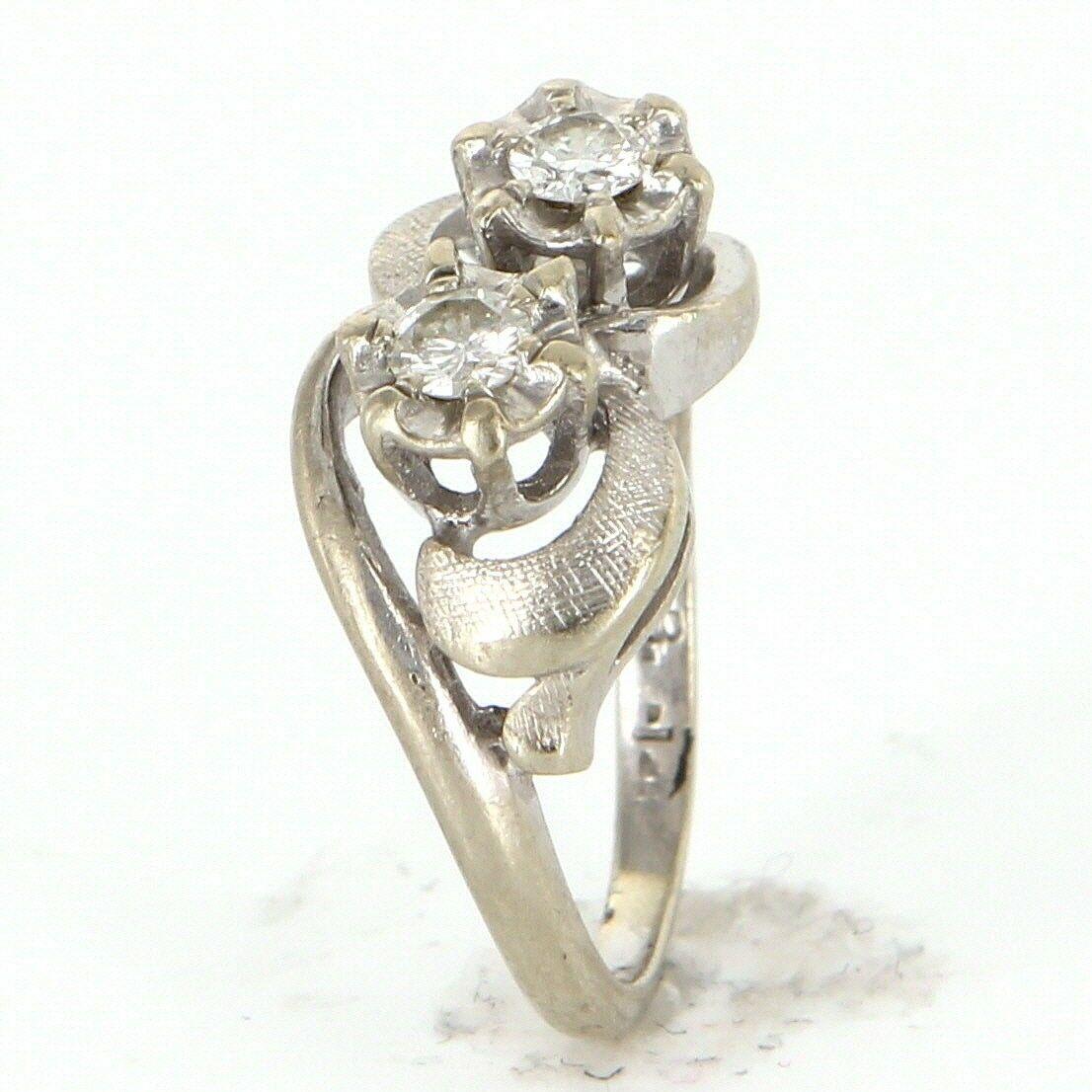 Round Cut Vintage 14 Karat White Gold Double 2 Diamond Cocktail Pinky Ring Estate Jewelry