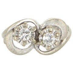 Vintage 14 Karat White Gold Double 2 Diamond Cocktail Pinky Ring Estate Jewelry