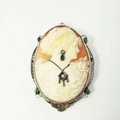 Vintage 14 Karat White Gold, Emerald and Diamond Cameo Brooch/Pendant
