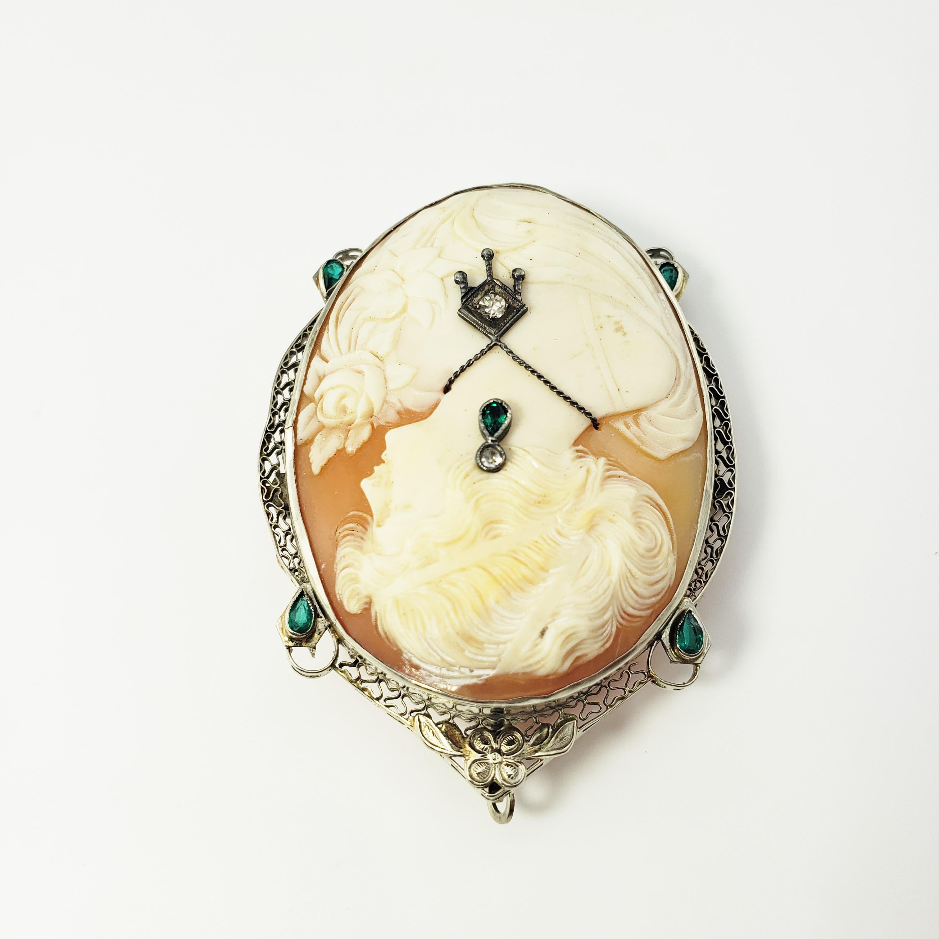 Women's or Men's Vintage 14 Karat White Gold, Emerald and Diamond Cameo Brooch/Pendant