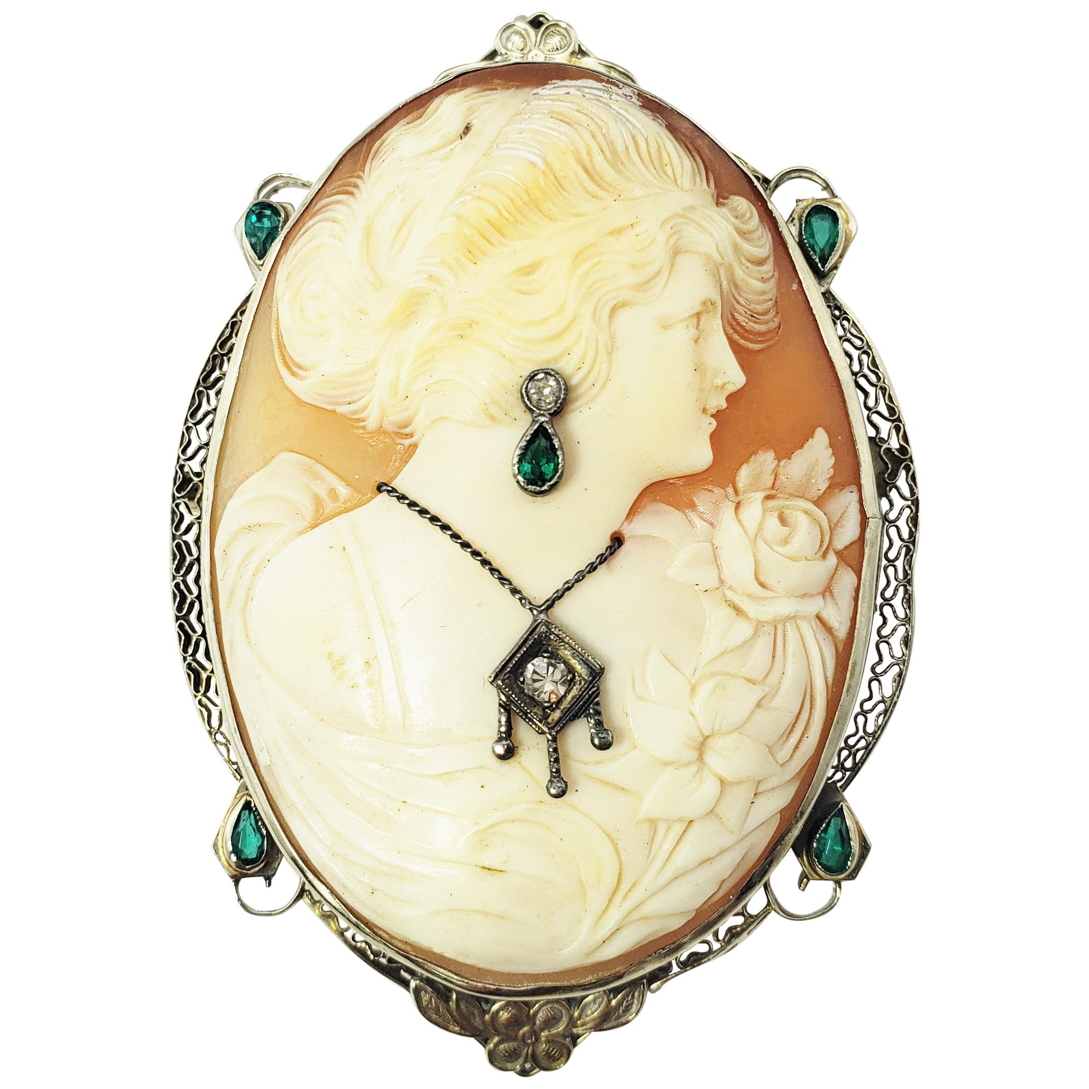 Vintage 14 Karat White Gold, Emerald and Diamond Cameo Brooch/Pendant