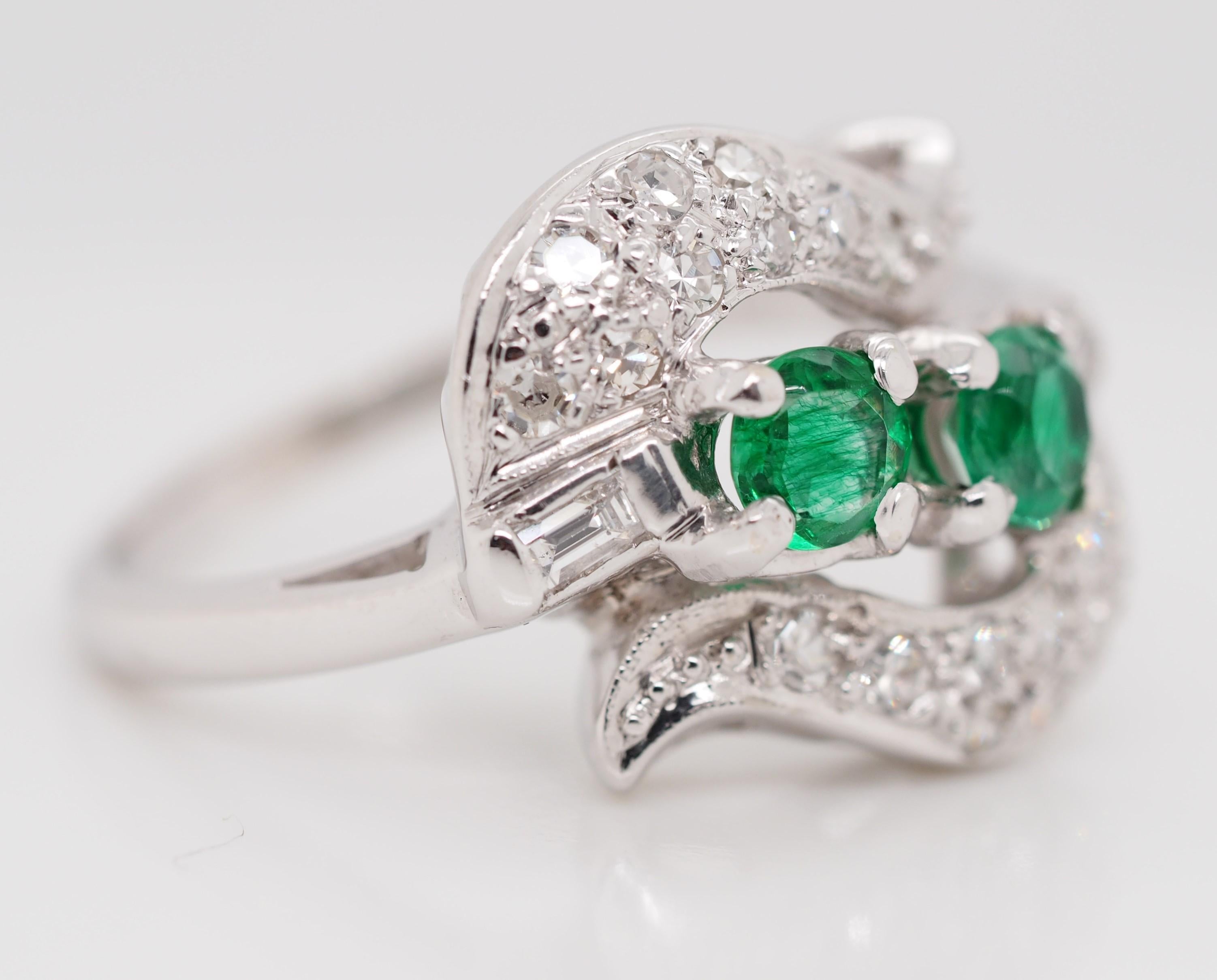 Contemporary Vintage 14 Karat White Gold Emerald and Diamond Ring