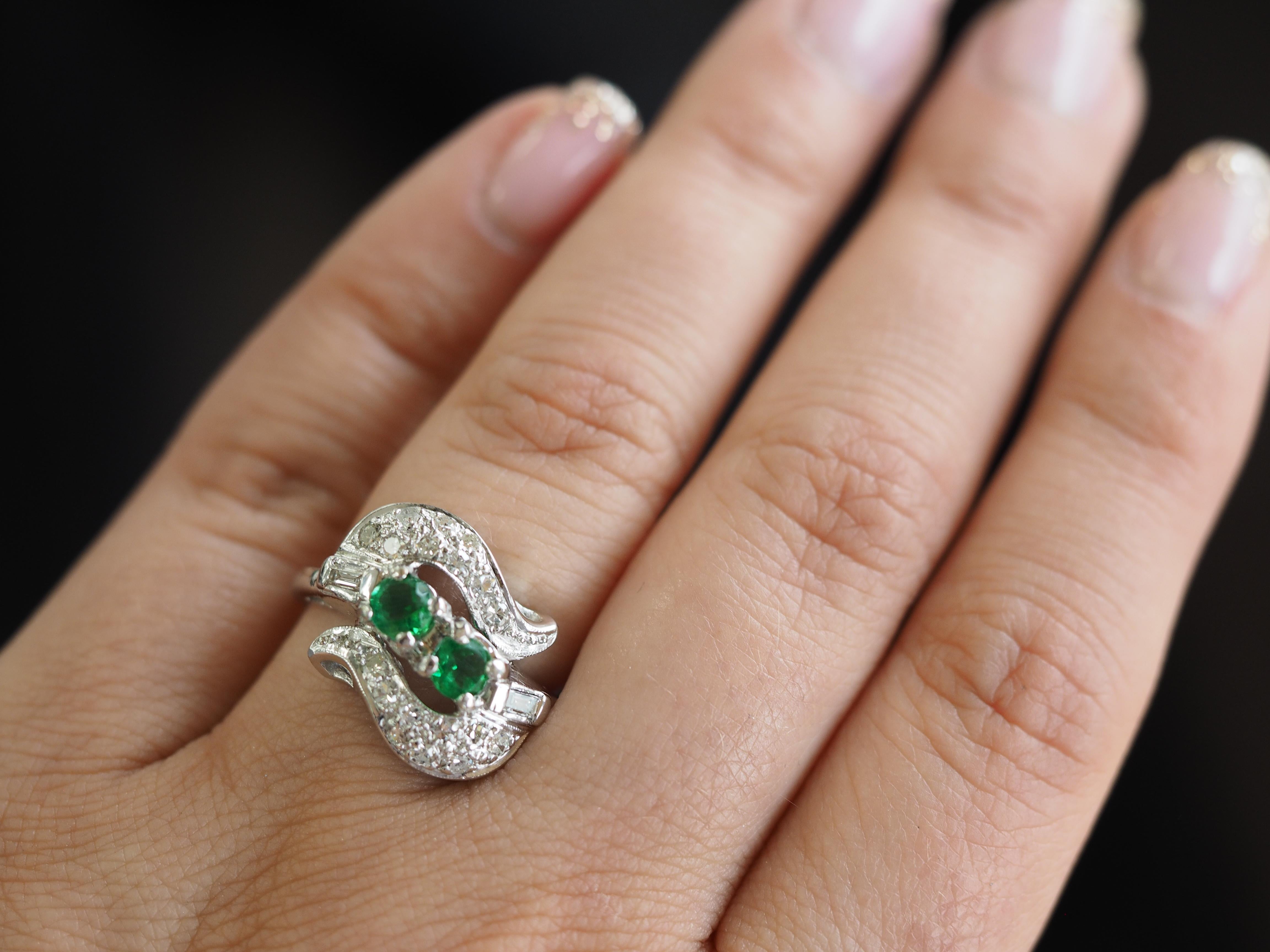 Round Cut Vintage 14 Karat White Gold Emerald and Diamond Ring