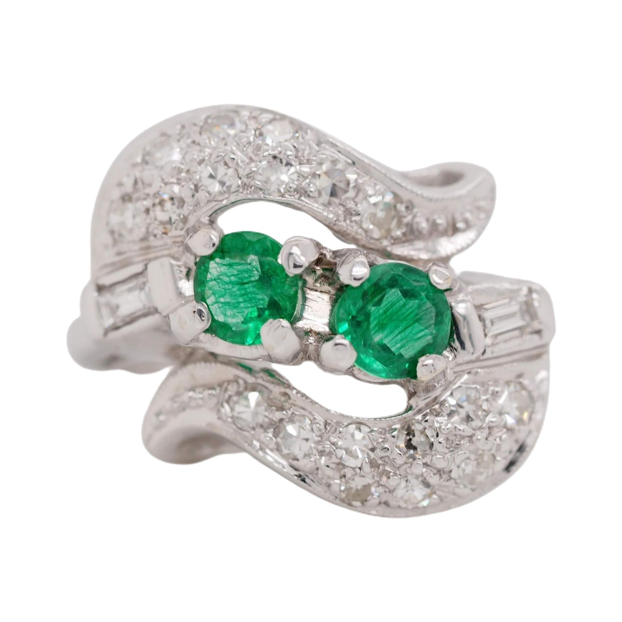 Vintage 14 Karat White Gold Emerald and Diamond Ring