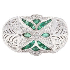 Vintage 14 Karat White Gold, Emerald and Diamond Ring