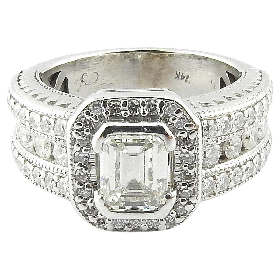  14 Karat White Gold Emerald Cut Diamond Halo Band Ring 2 Carat