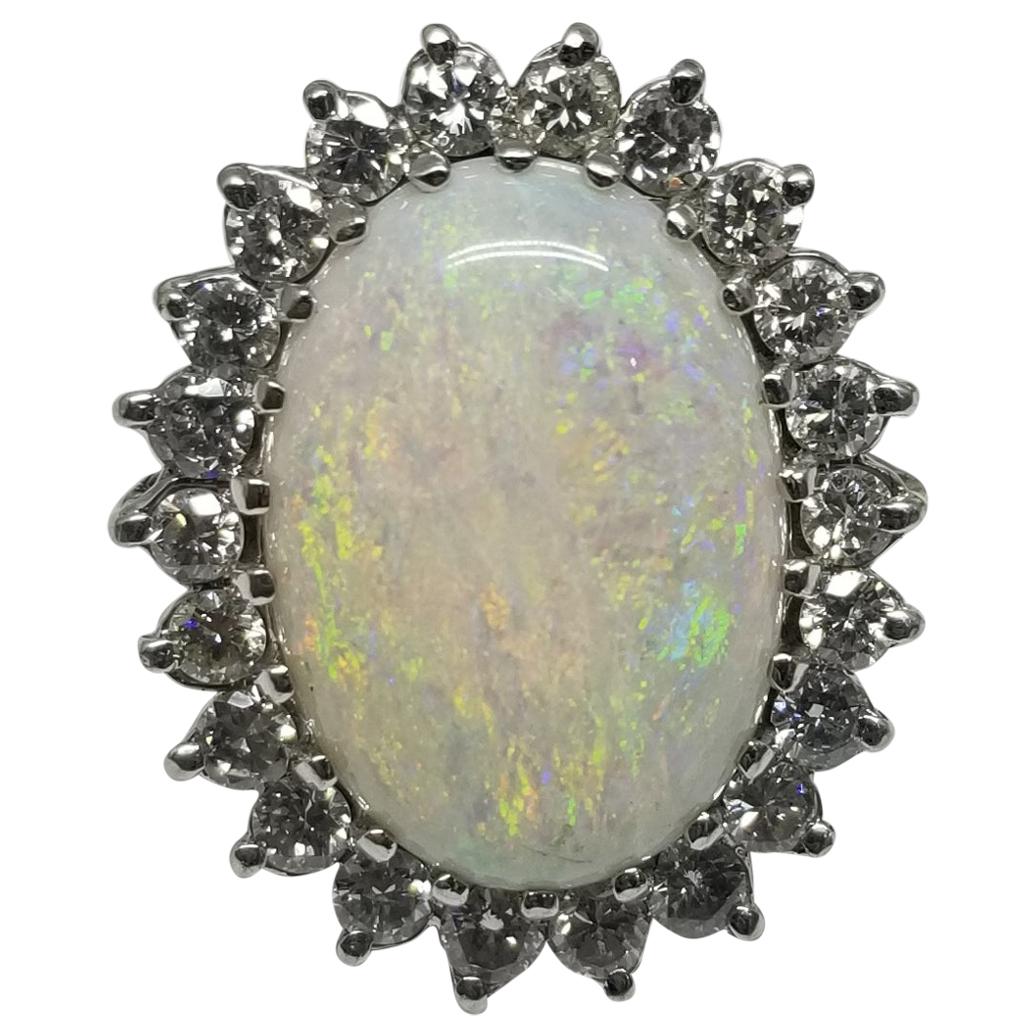 Vintage 14 Karat White Gold Fiery Oval Opal and Diamond Cocktail Ring For Sale