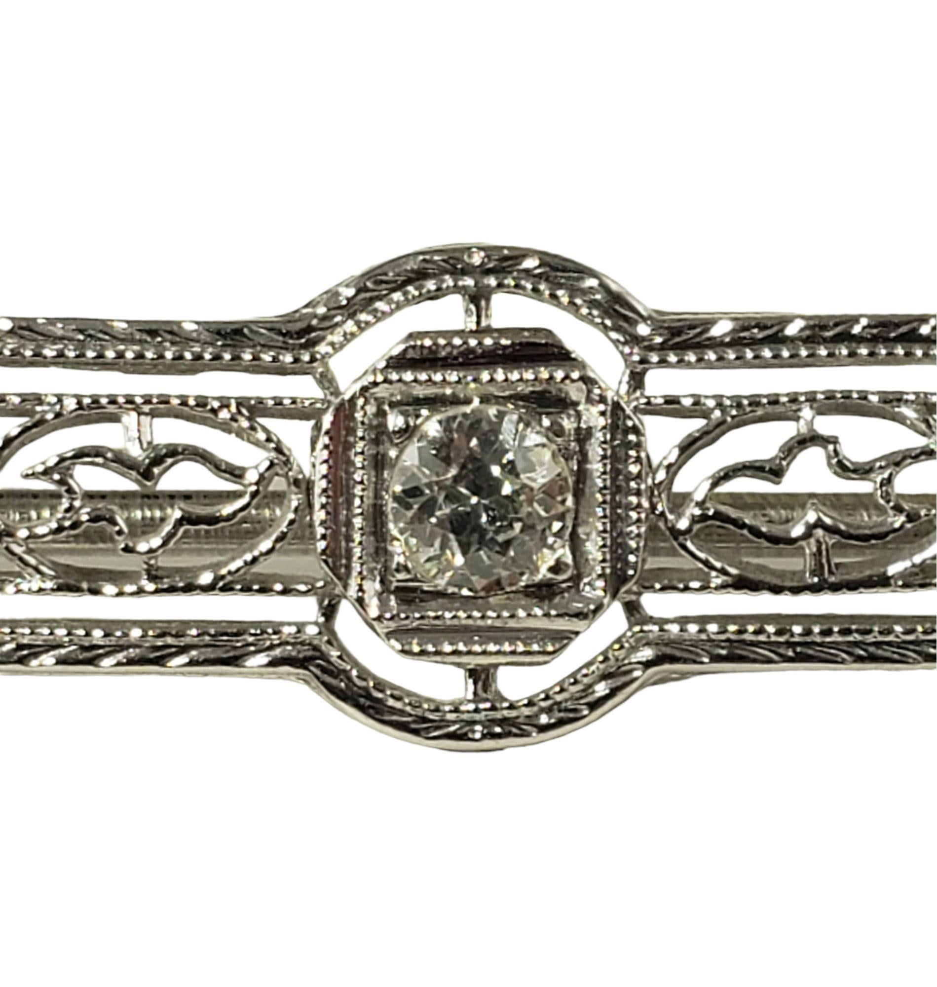 Women's Vintage 14 Karat White Gold Filigree and Diamond Bar Pin #14711 For Sale
