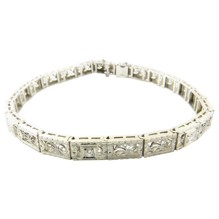 Vintage 14 Karat White Gold Filigree and Diamond Bracelet #4368 at 1stDibs