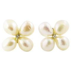 Vintage 14 Karat White Gold Freshwater Pearl and Diamond Earrings #4359