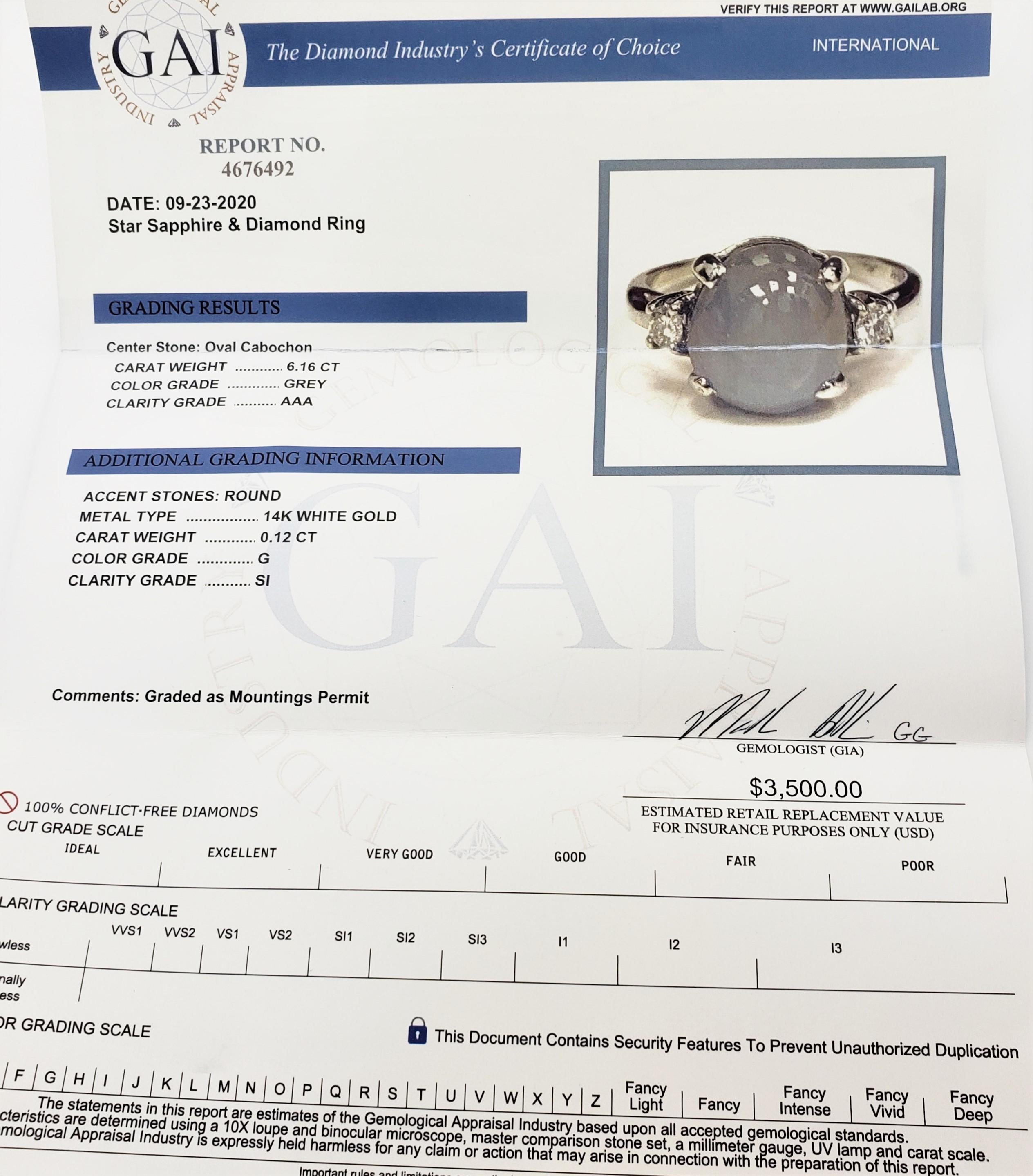 14 Karat White Gold Grey Cabochon Star Sapphire and Diamond Ring 2