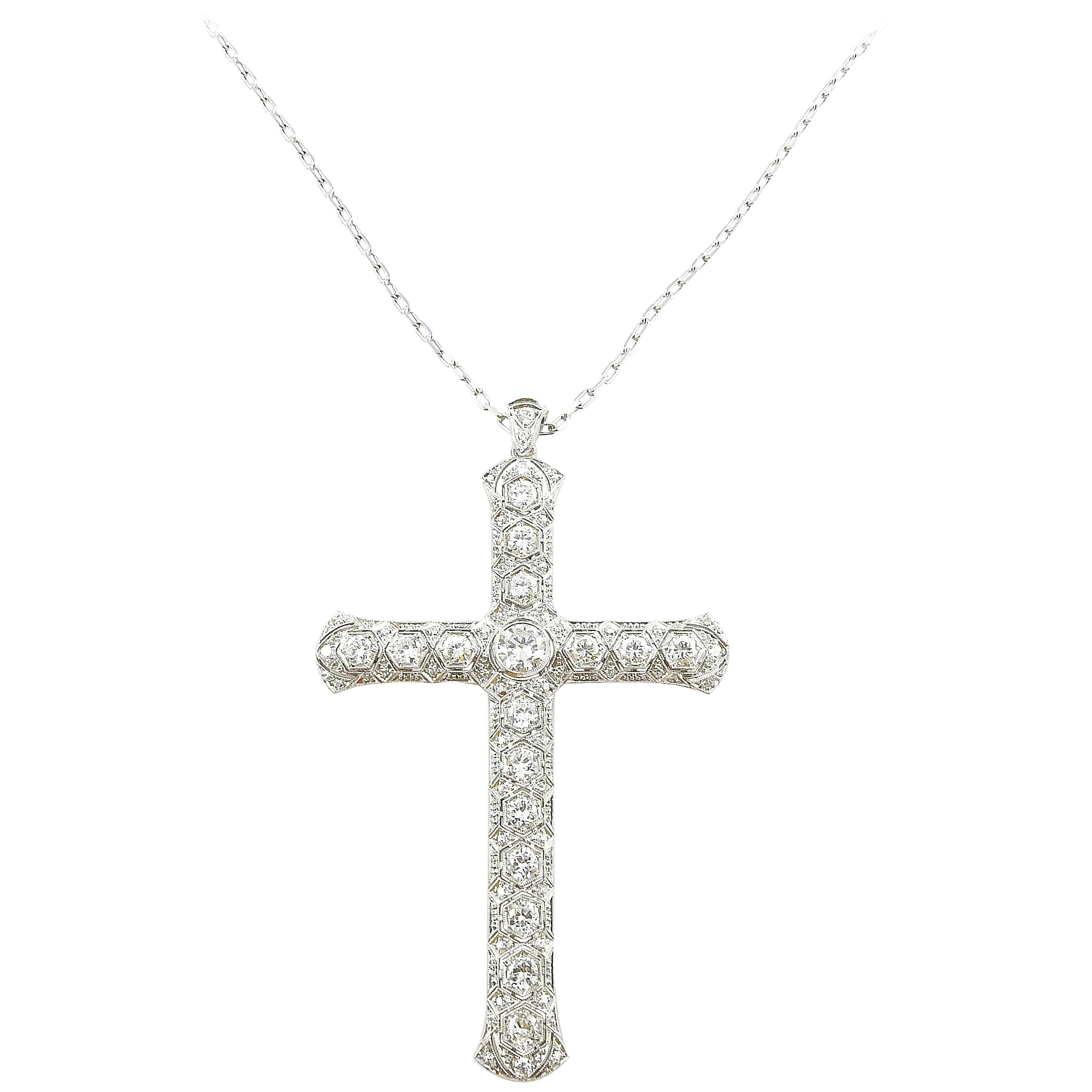 14K White Gold Large Diamond Cross Pendant Necklace 3.51cts