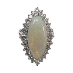 Vintage 14 Karat White Gold Marquise Opal and Diamond Ring